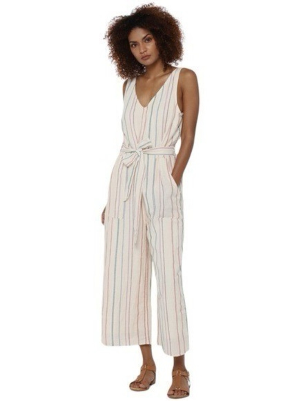 American Eagle Outfitters Cream Cropped Jumpsuit with Muted Colorful Stripes XS